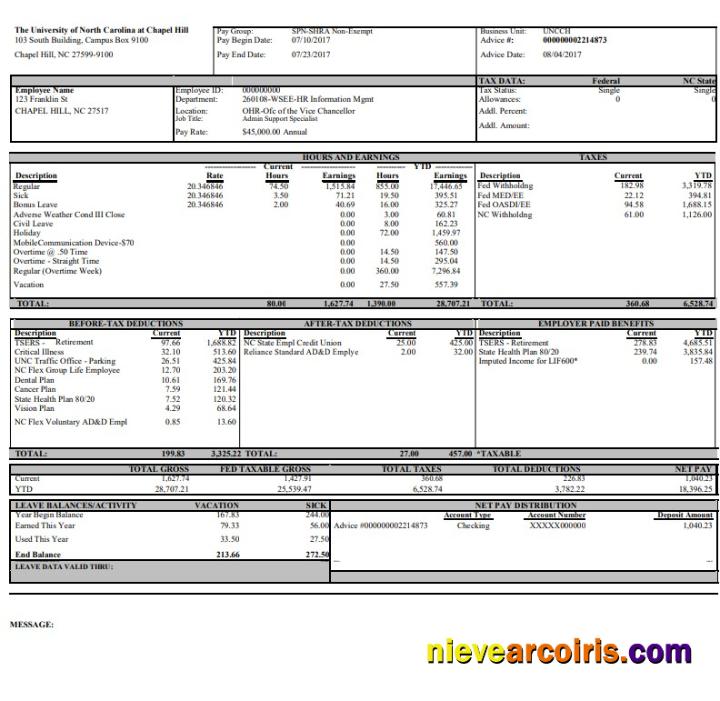 University of North Carolina pay stub